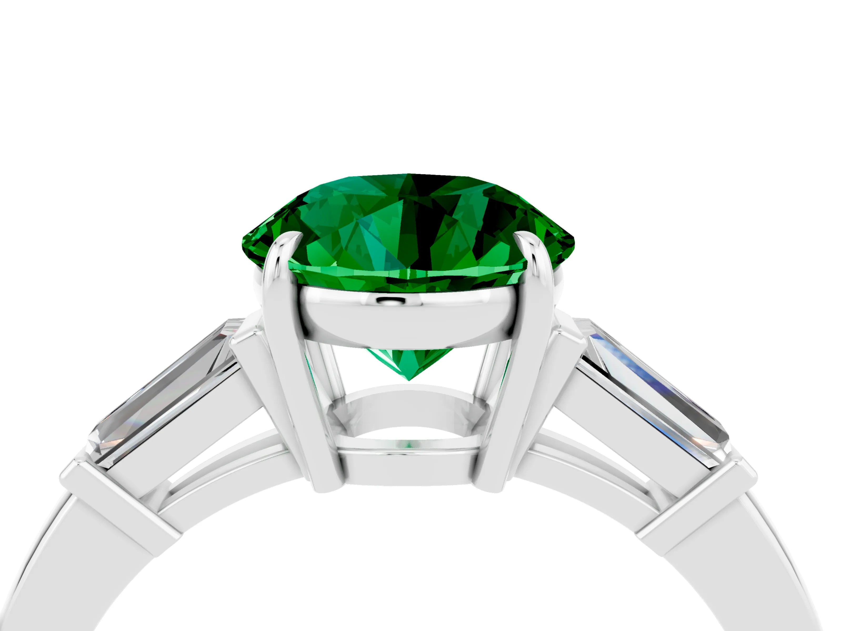 White gold Round Cut Cut Diamond Ring with Tapered Baguette Side Stones in Four-Prong Setting_4