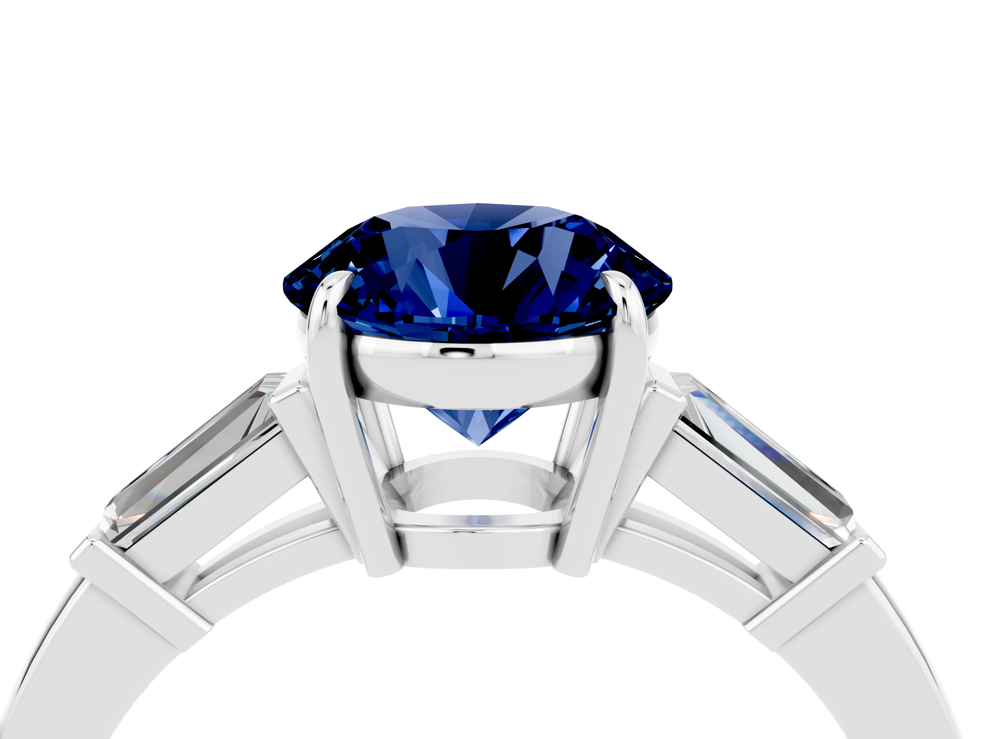 White gold Round Cut Cut Diamond Ring with Tapered Baguette Side Stones in Four-Prong Setting_4