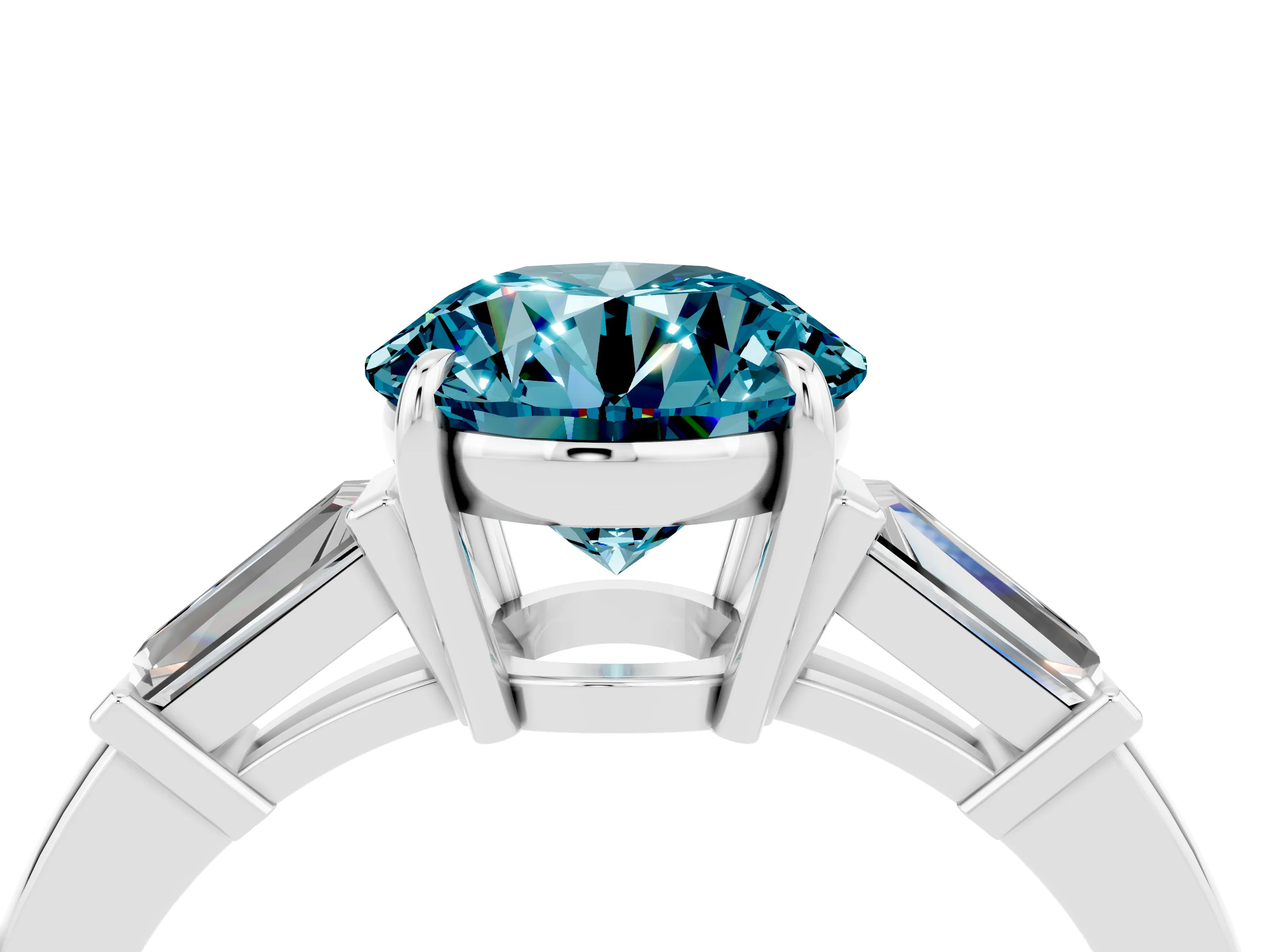 White gold Round Cut Cut Diamond Ring with Tapered Baguette Side Stones in Four-Prong Setting_4