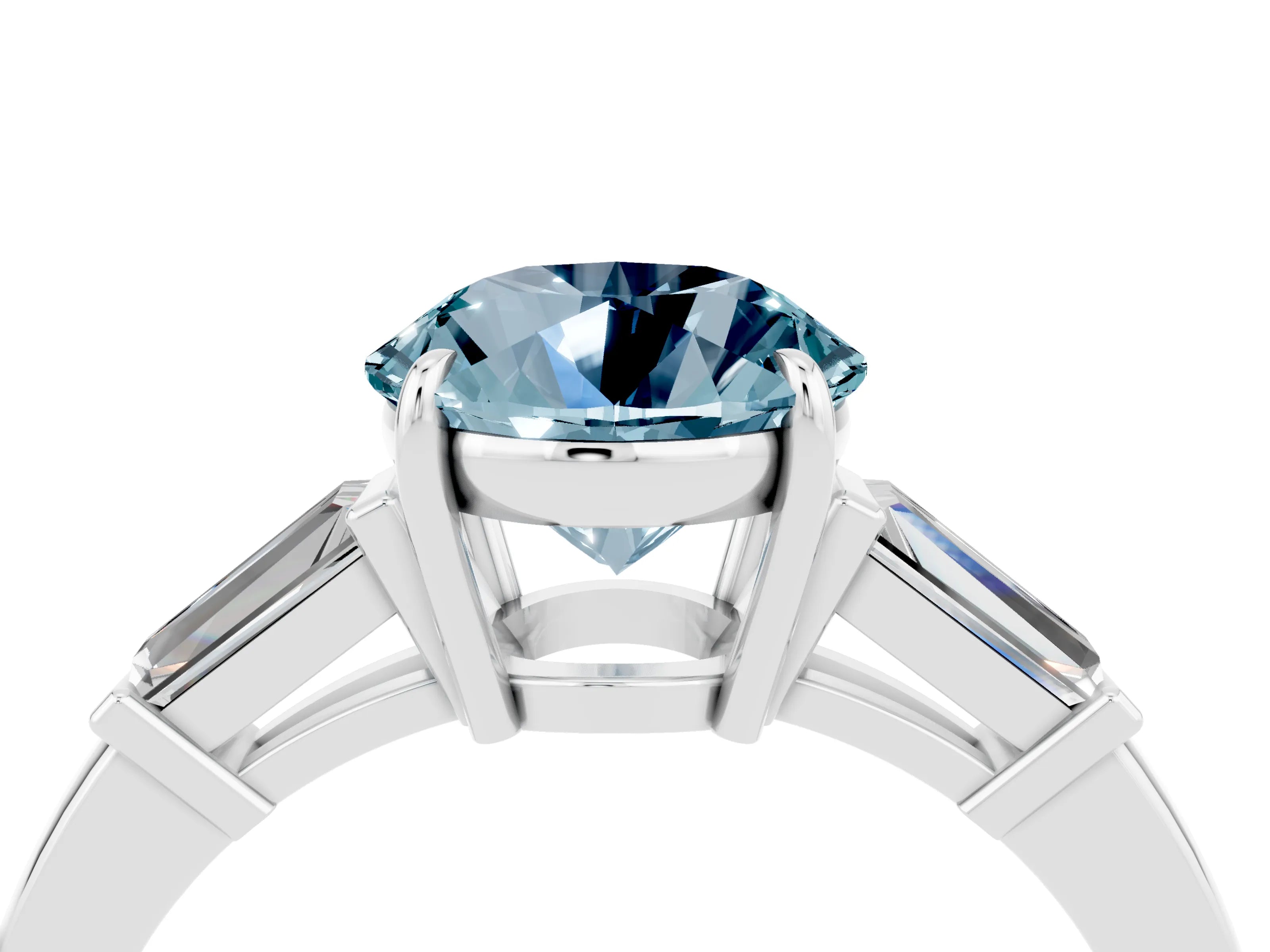 White gold Round Cut Cut Diamond Ring with Tapered Baguette Side Stones in Four-Prong Setting_4
