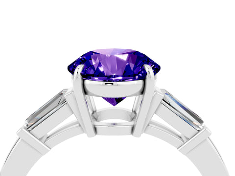 White gold Round Cut Cut Diamond Ring with Tapered Baguette Side Stones in Four-Prong Setting_4