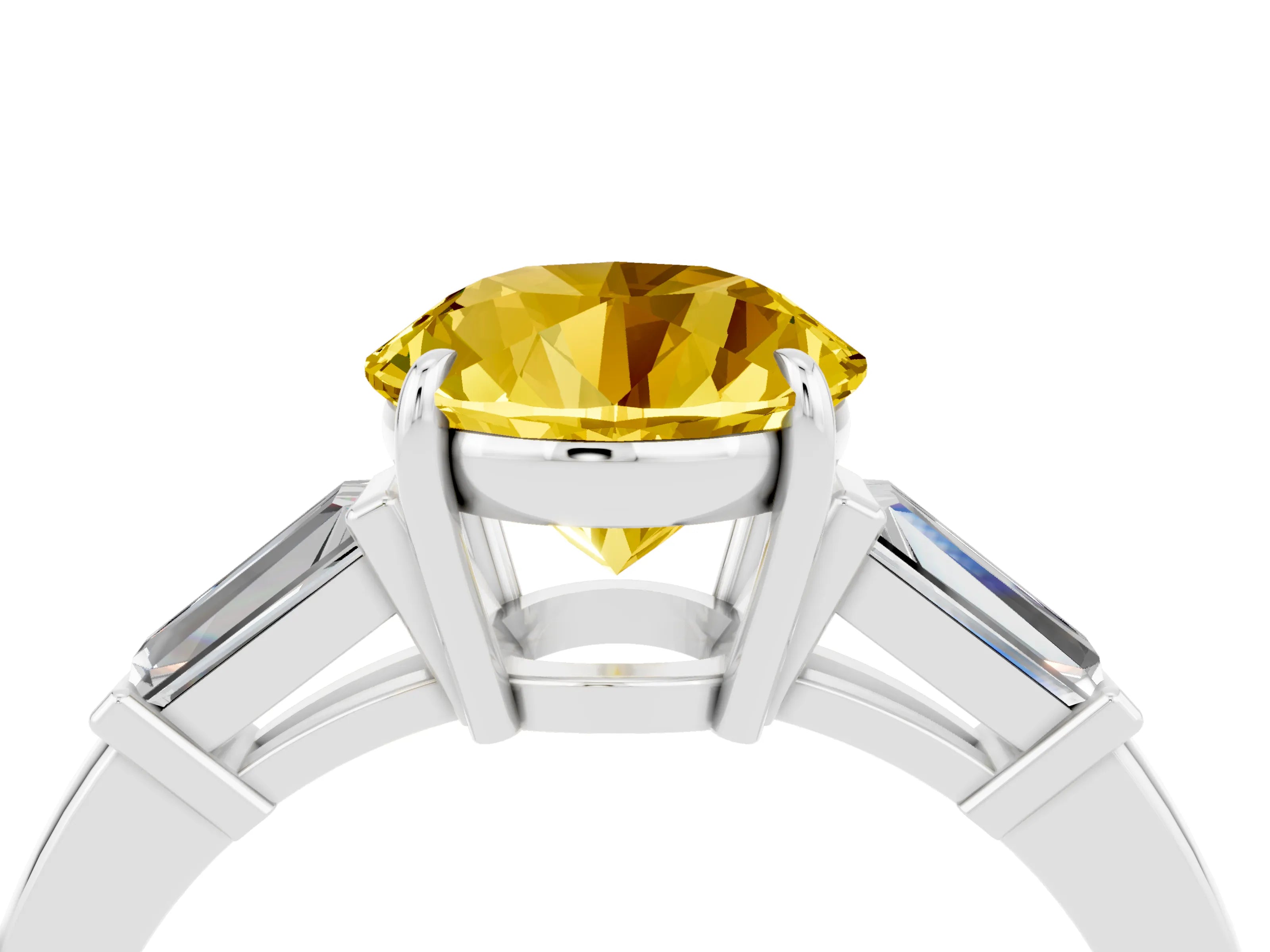 White gold Round Cut Cut Diamond Ring with Tapered Baguette Side Stones in Four-Prong Setting_4