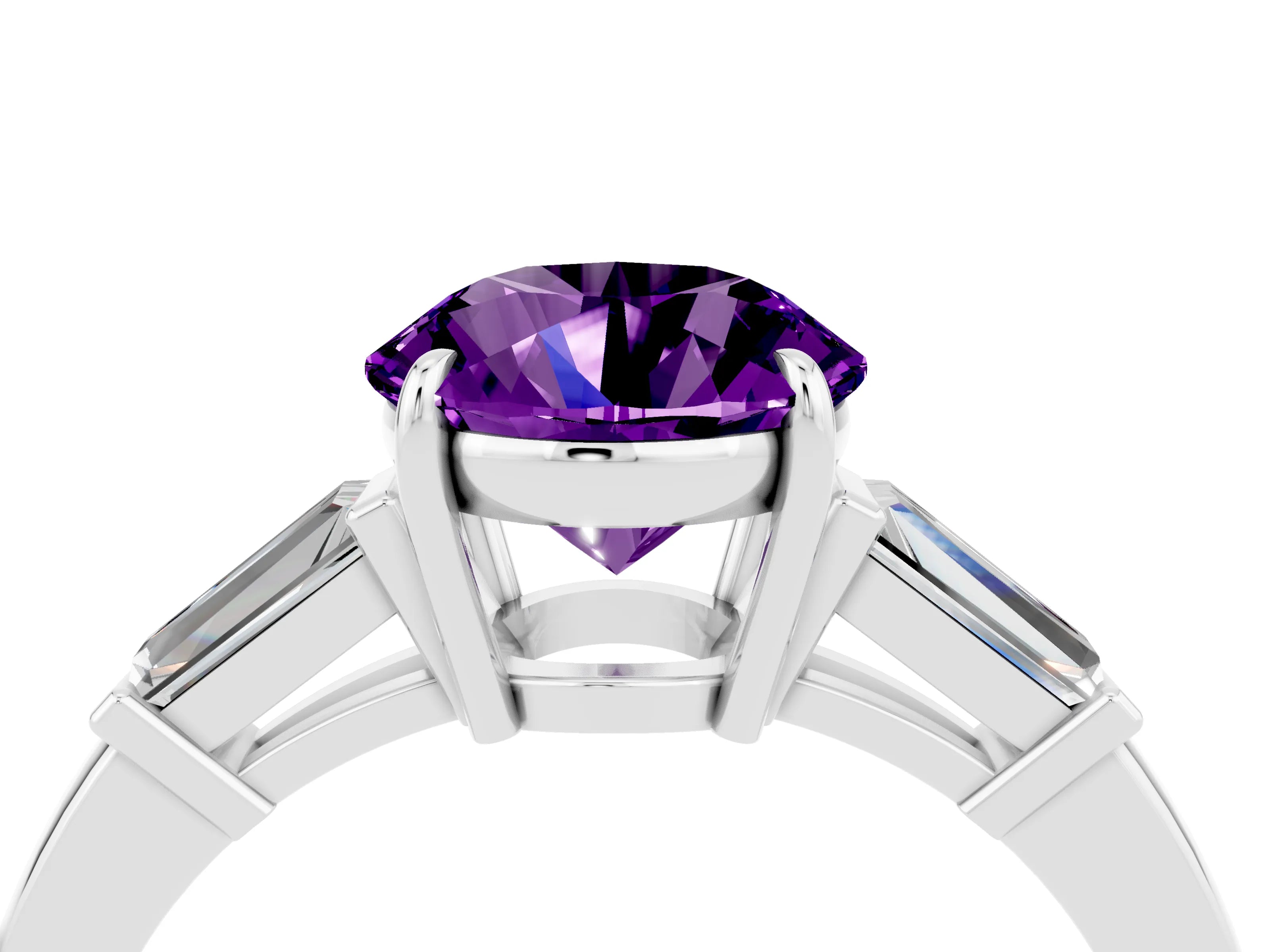 White gold Round Cut Cut Diamond Ring with Tapered Baguette Side Stones in Four-Prong Setting_4