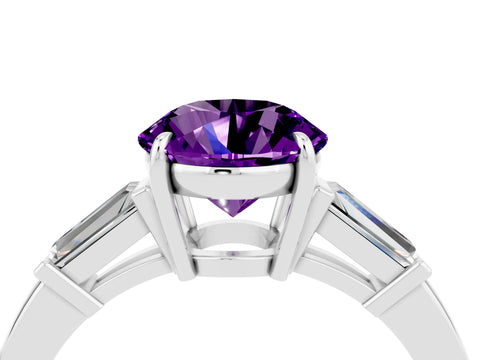 White gold Round Cut Cut Diamond Ring with Tapered Baguette Side Stones in Four-Prong Setting_4