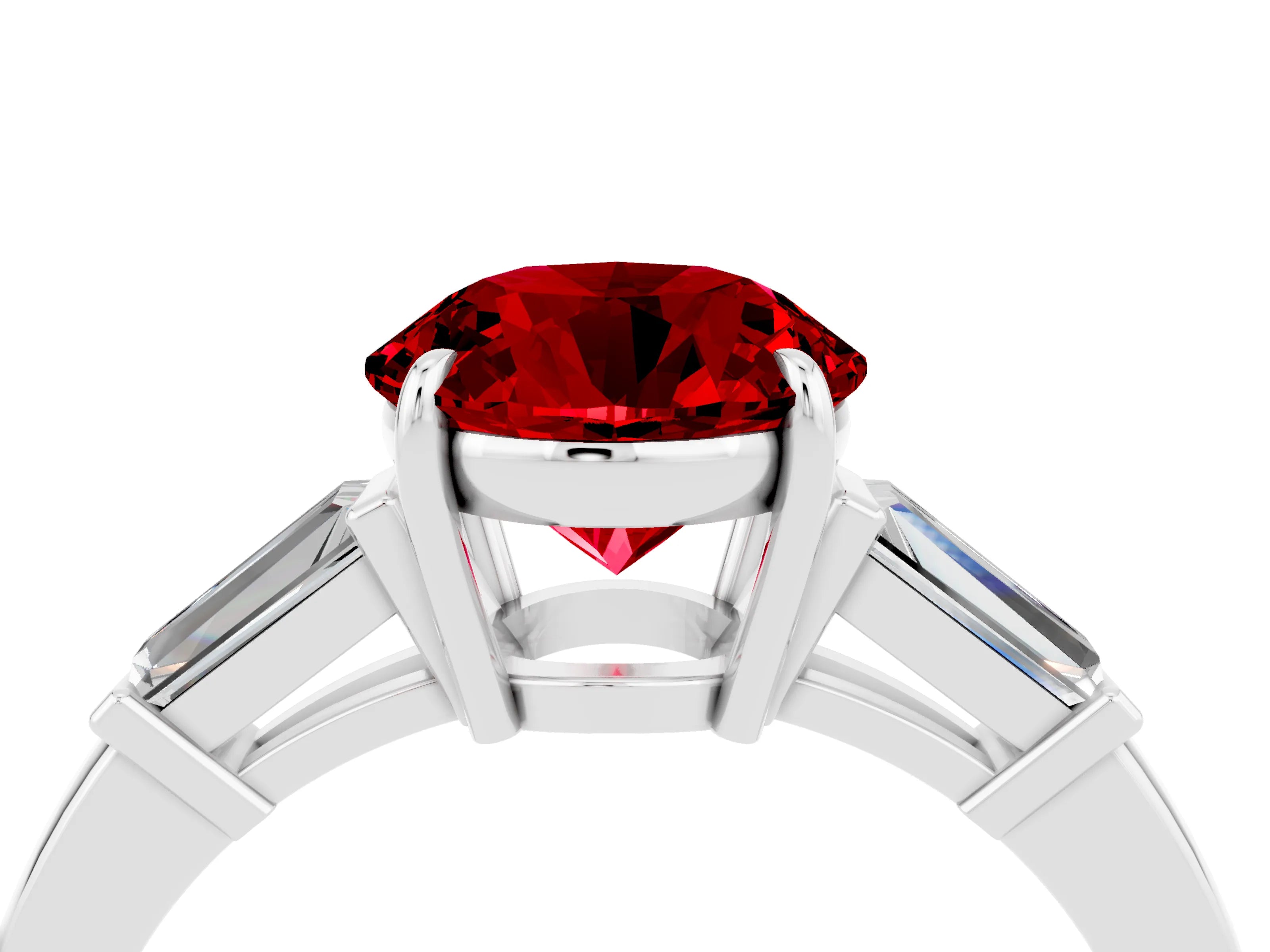 White gold Round Cut Cut Diamond Ring with Tapered Baguette Side Stones in Four-Prong Setting_4