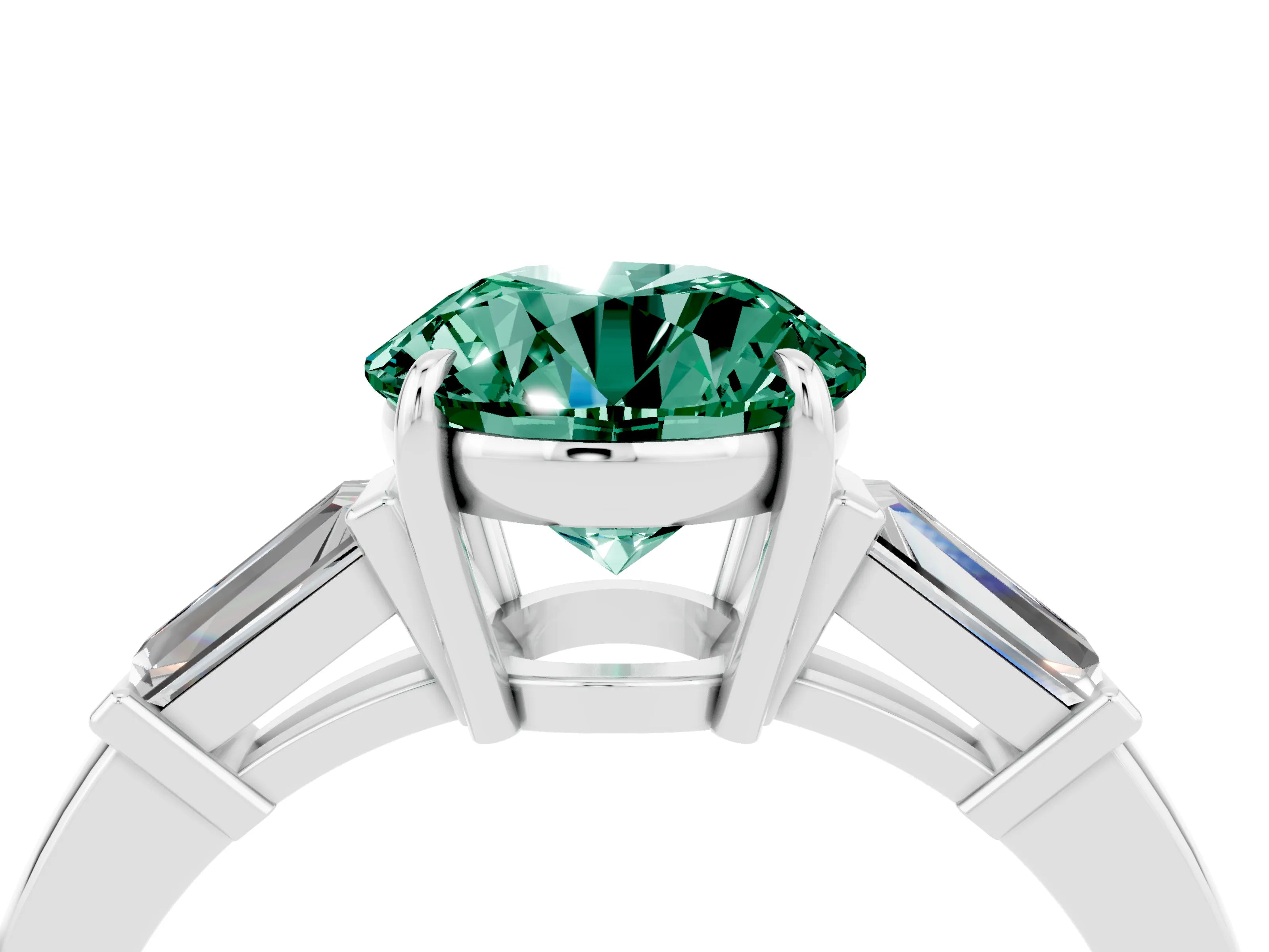 White gold Round Cut Cut Diamond Ring with Tapered Baguette Side Stones in Four-Prong Setting_4