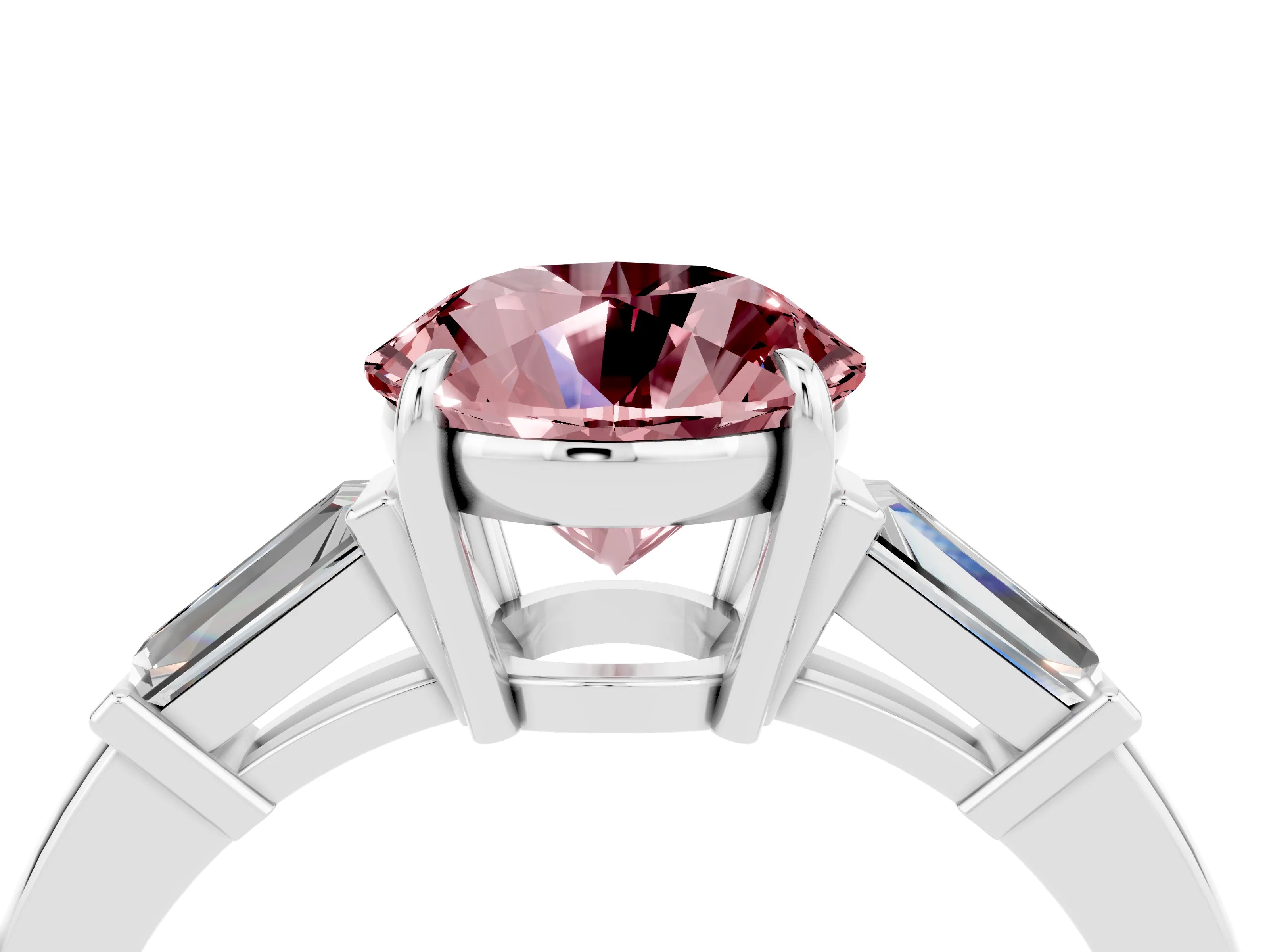 White gold Round Cut Cut Diamond Ring with Tapered Baguette Side Stones in Four-Prong Setting_4
