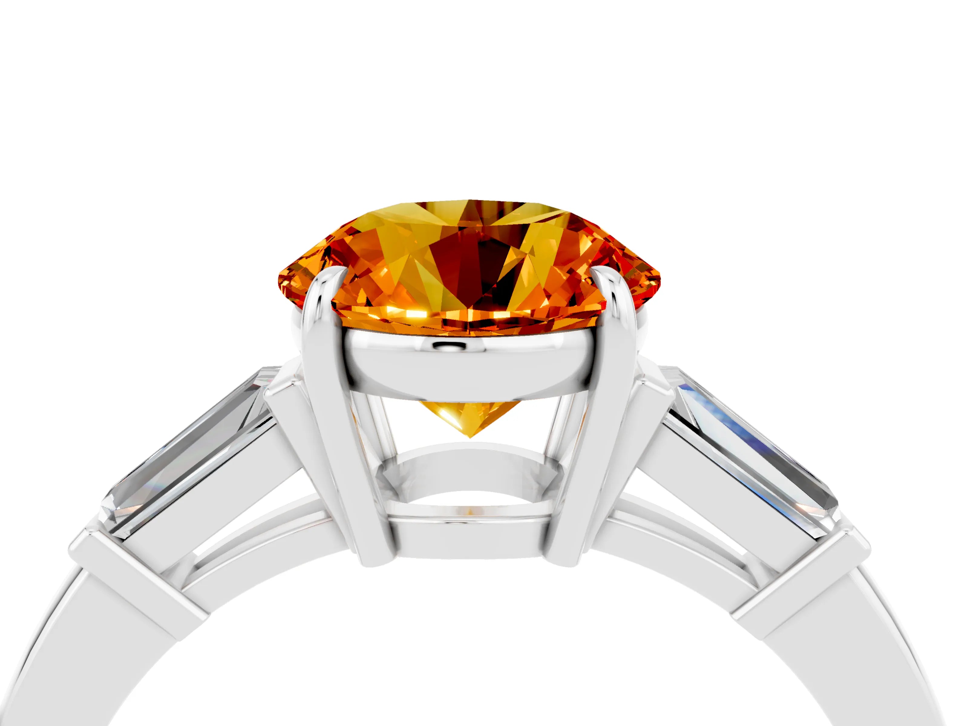 White gold Round Cut Cut Diamond Ring with Tapered Baguette Side Stones in Four-Prong Setting_4