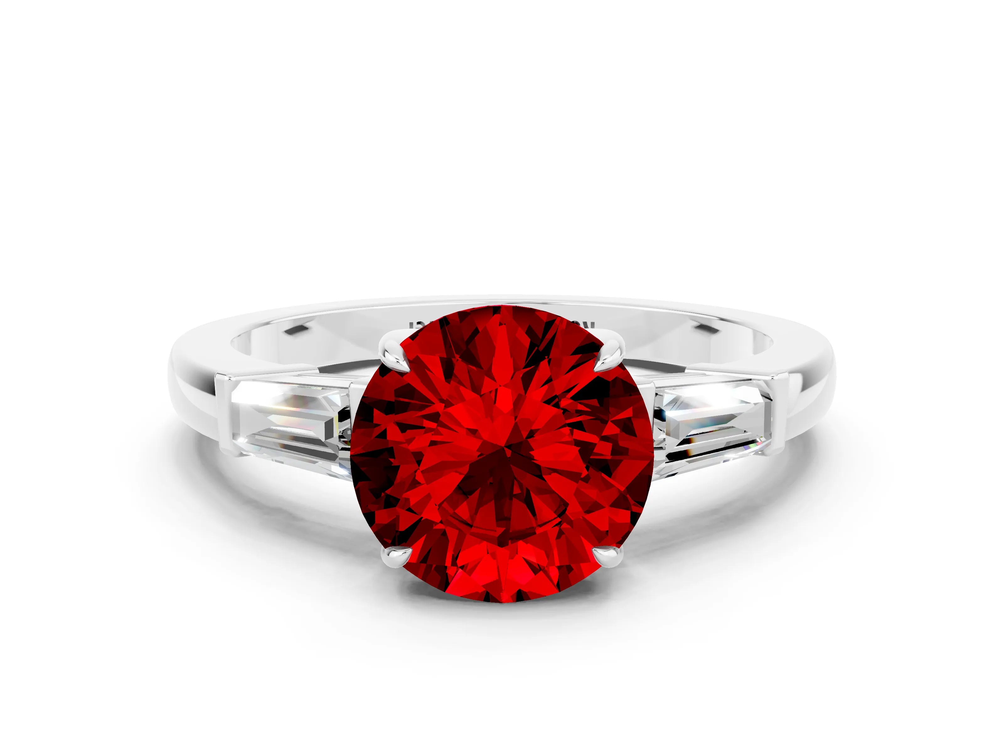 White gold Round Cut Cut Diamond Ring with Tapered Baguette Side Stones in Four-Prong Setting
