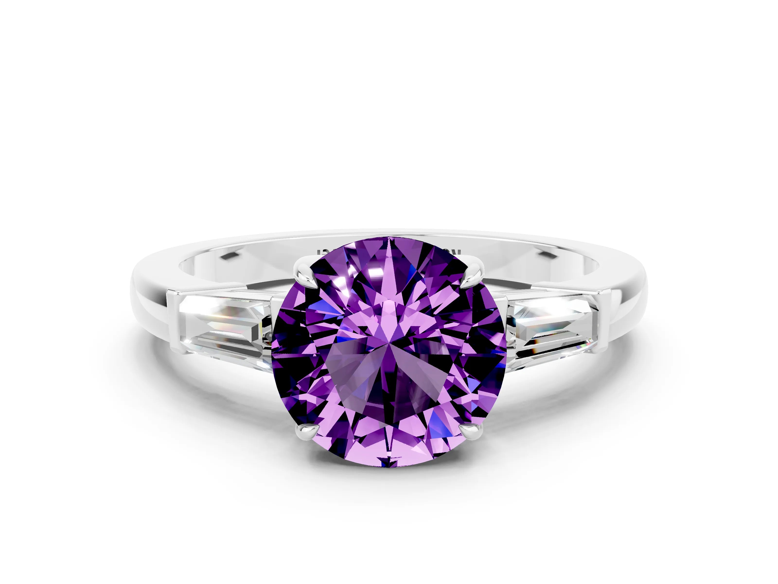 White gold Round Cut Cut Diamond Ring with Tapered Baguette Side Stones in Four-Prong Setting