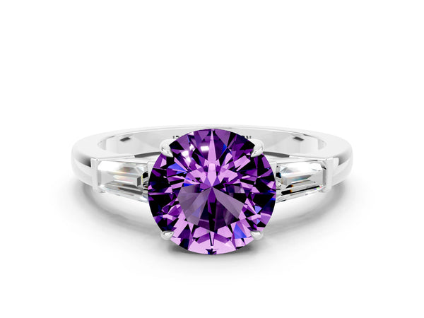 Platinum Round Cut Amethyst Three-Stone Ring with Tapered Baguette Side Stones and Prong Setting