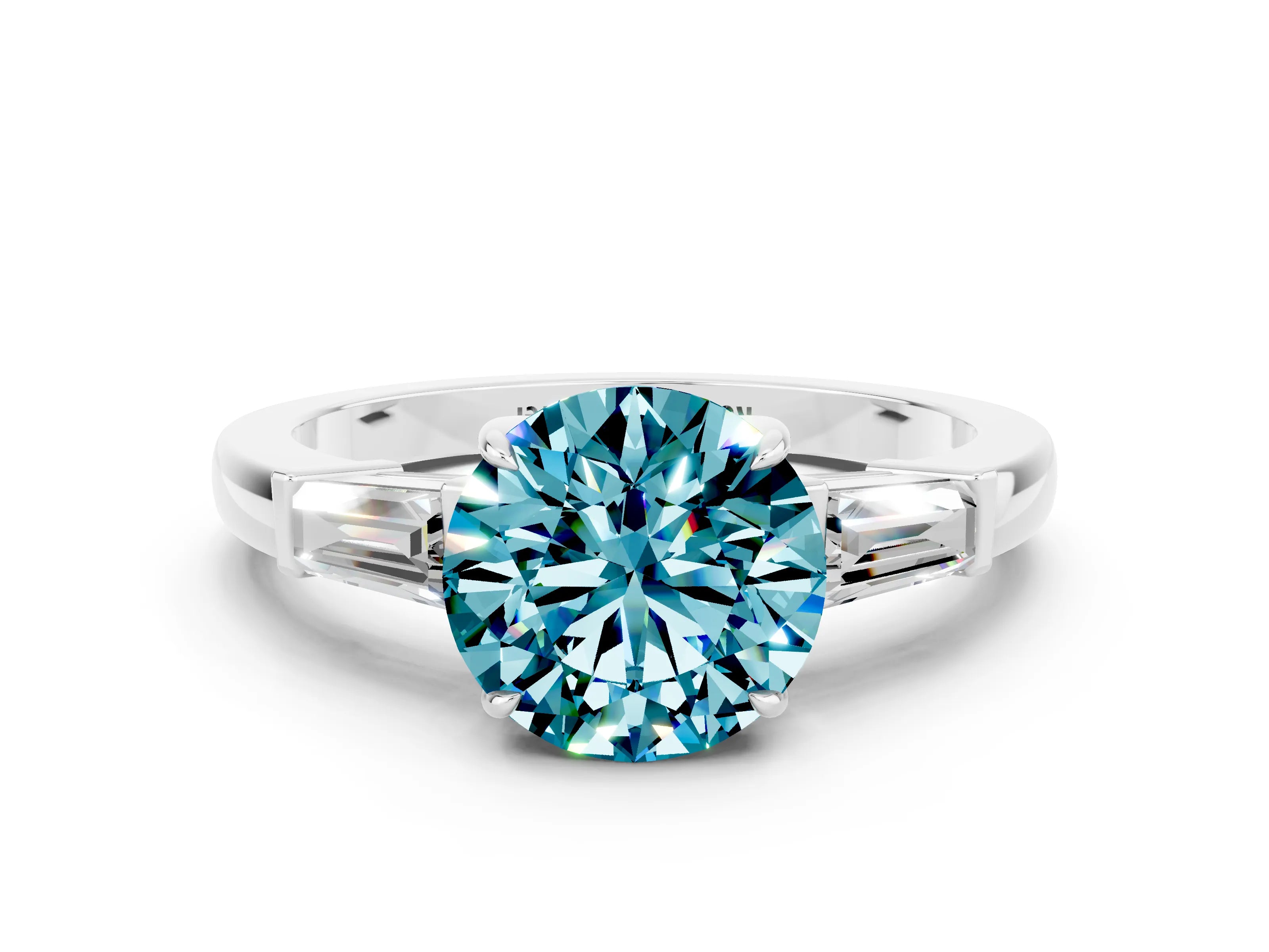 White gold Round Cut Cut Diamond Ring with Tapered Baguette Side Stones in Four-Prong Setting