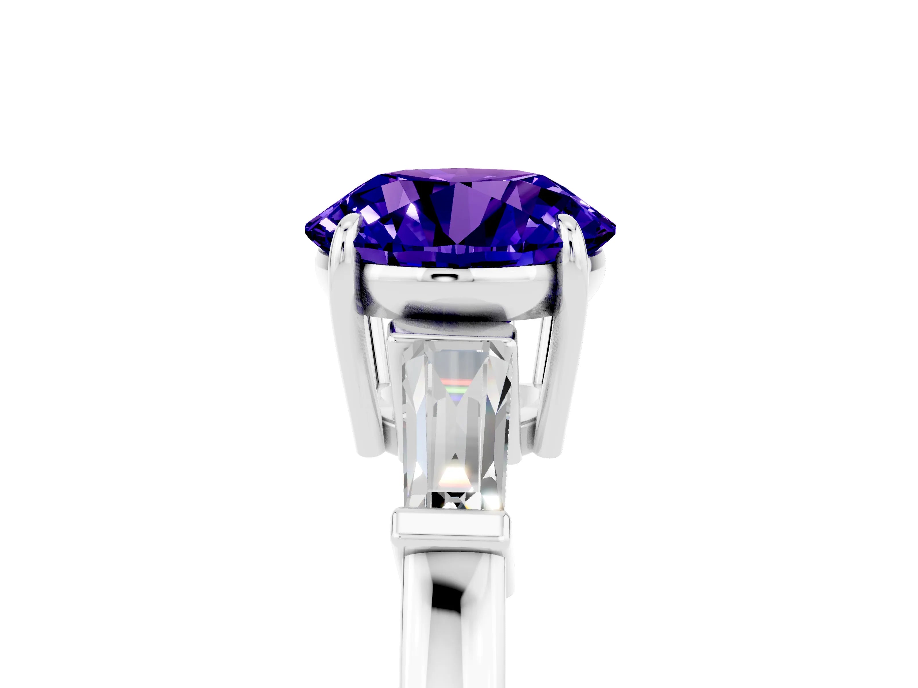 White gold Round Cut Cut Diamond Ring with Tapered Baguette Side Stones in Four-Prong Setting_5
