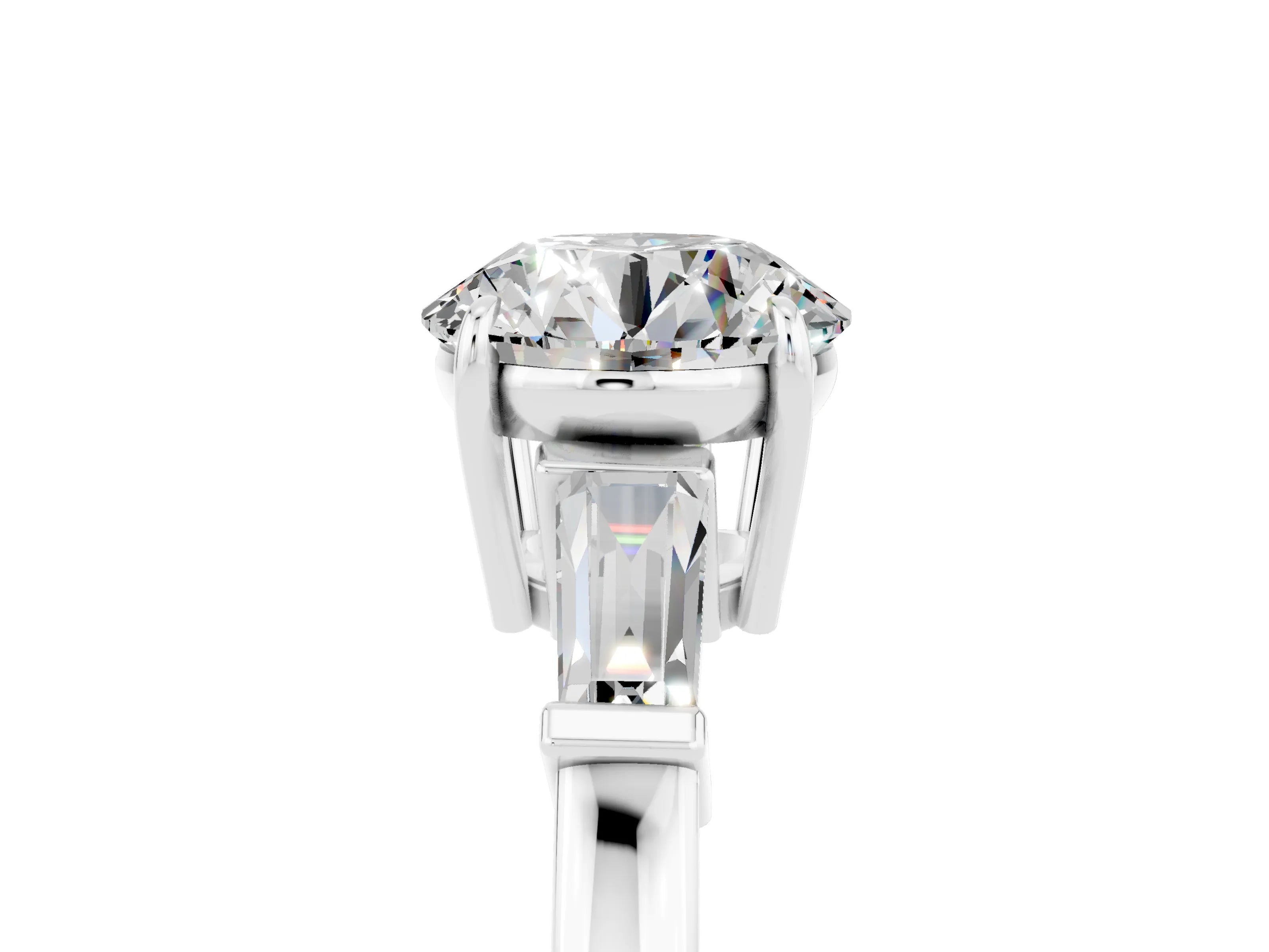 White gold Round Cut Cut Diamond Ring with Tapered Baguette Side Stones in Four-Prong Setting_5