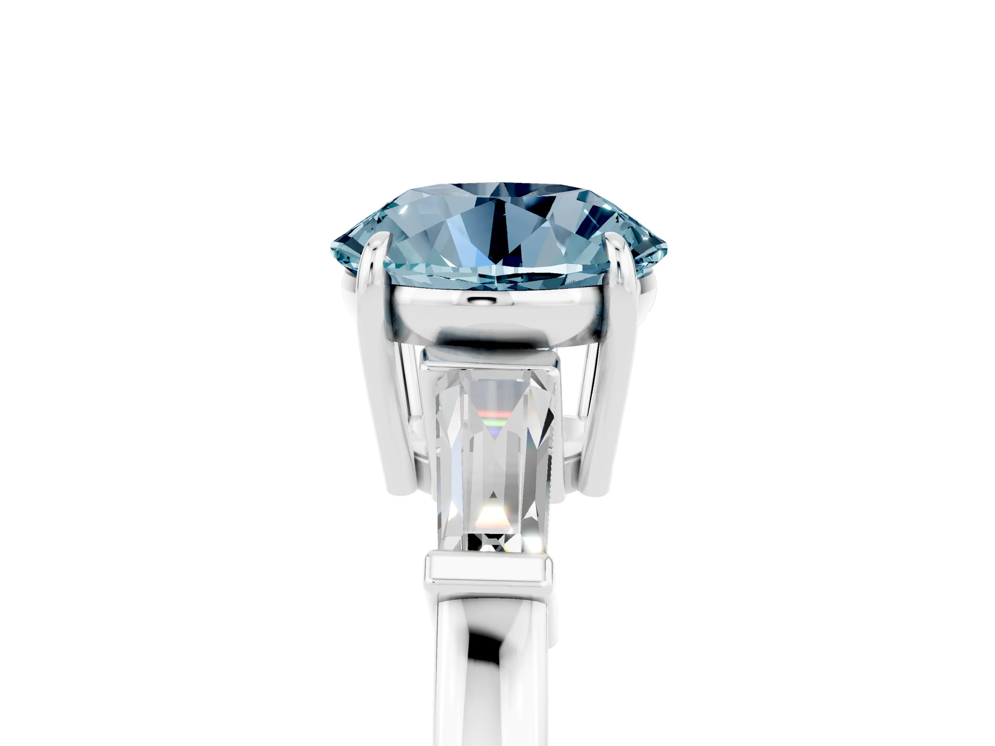 White gold Round Cut Cut Diamond Ring with Tapered Baguette Side Stones in Four-Prong Setting_5