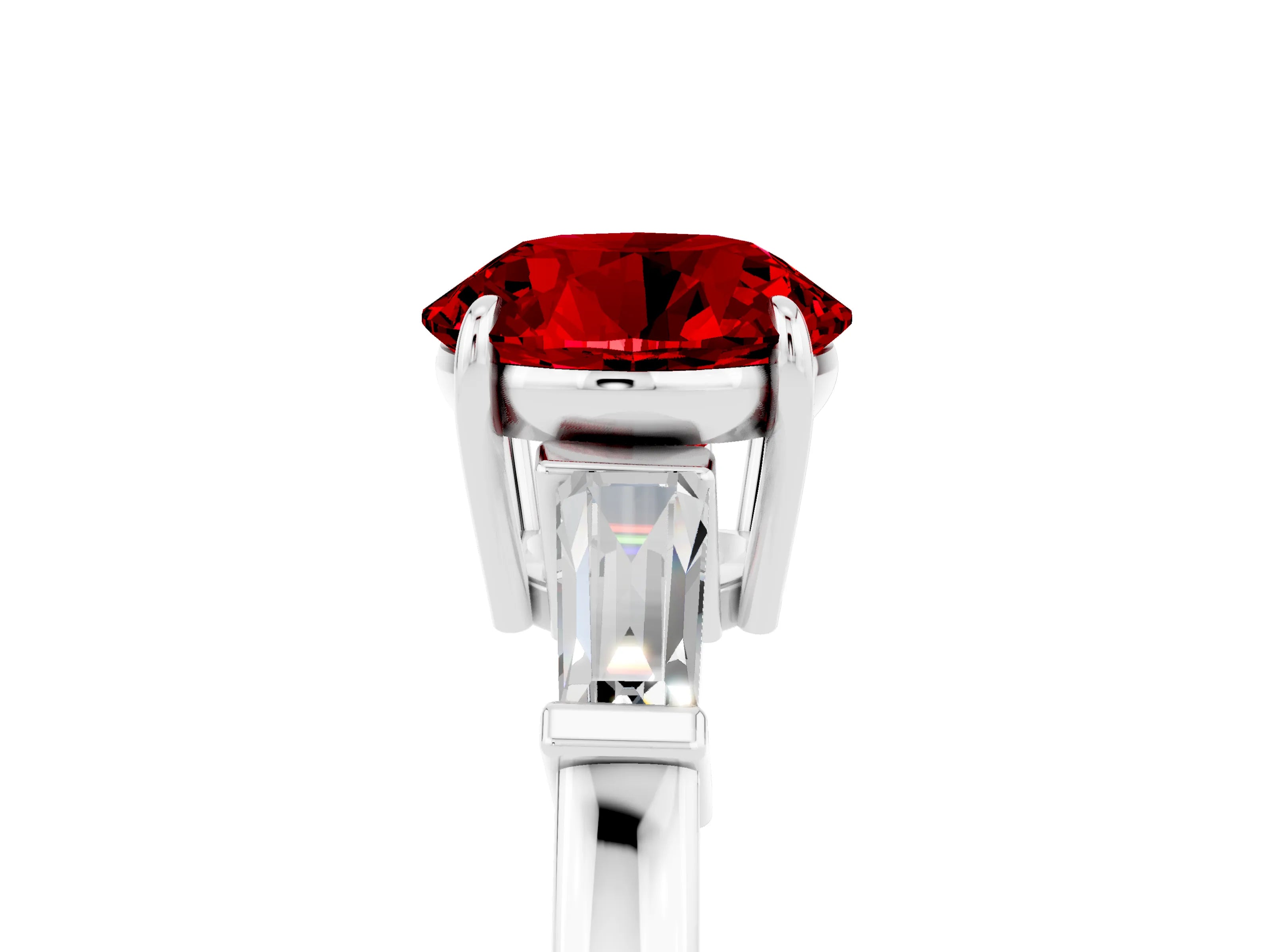 White gold Round Cut Cut Diamond Ring with Tapered Baguette Side Stones in Four-Prong Setting_5