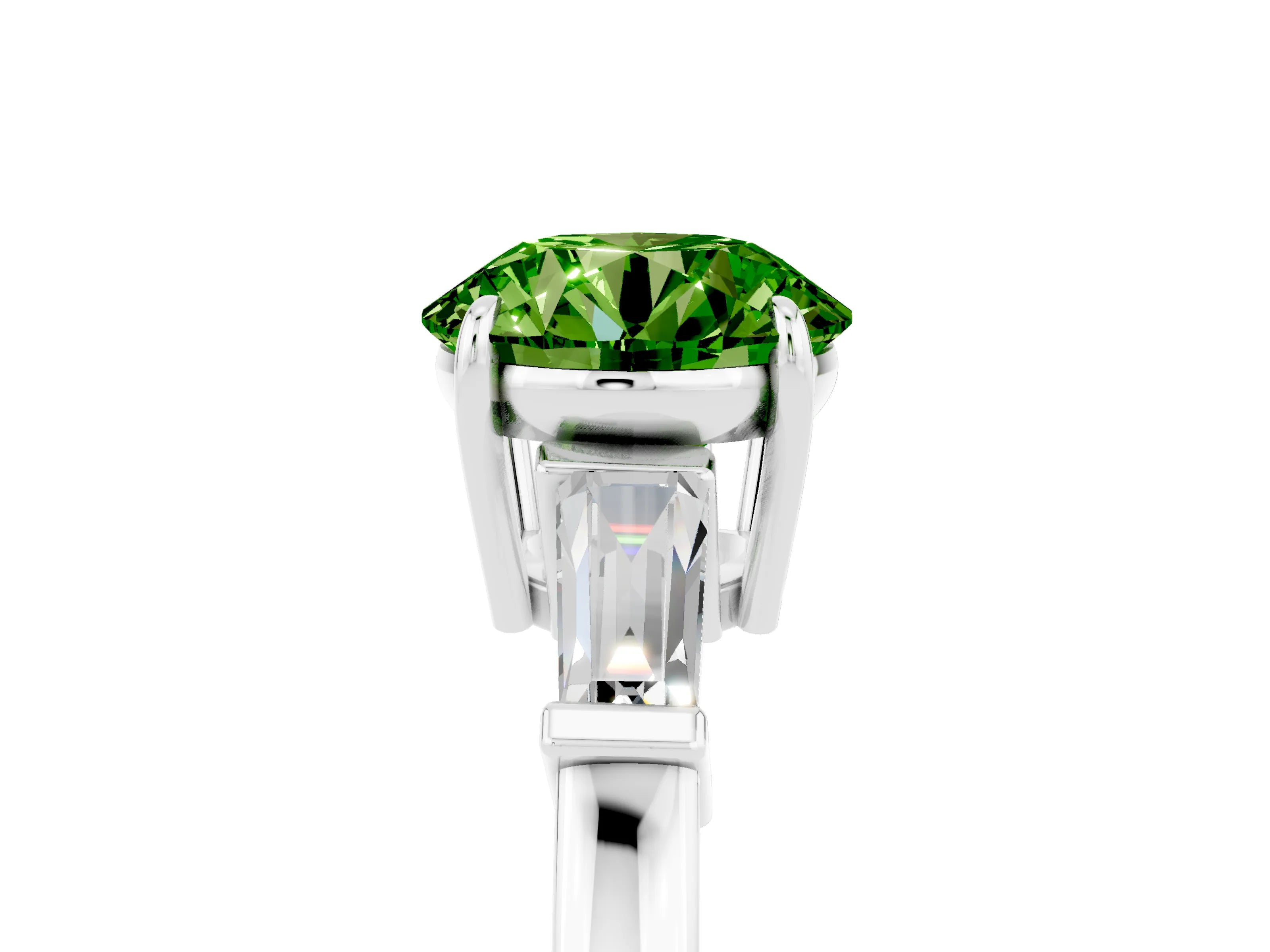White gold Round Cut Cut Diamond Ring with Tapered Baguette Side Stones in Four-Prong Setting_5