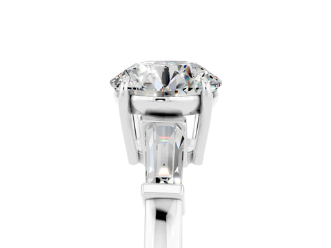 White gold Round Cut Cut Diamond Ring with Tapered Baguette Side Stones in Four-Prong Setting_5