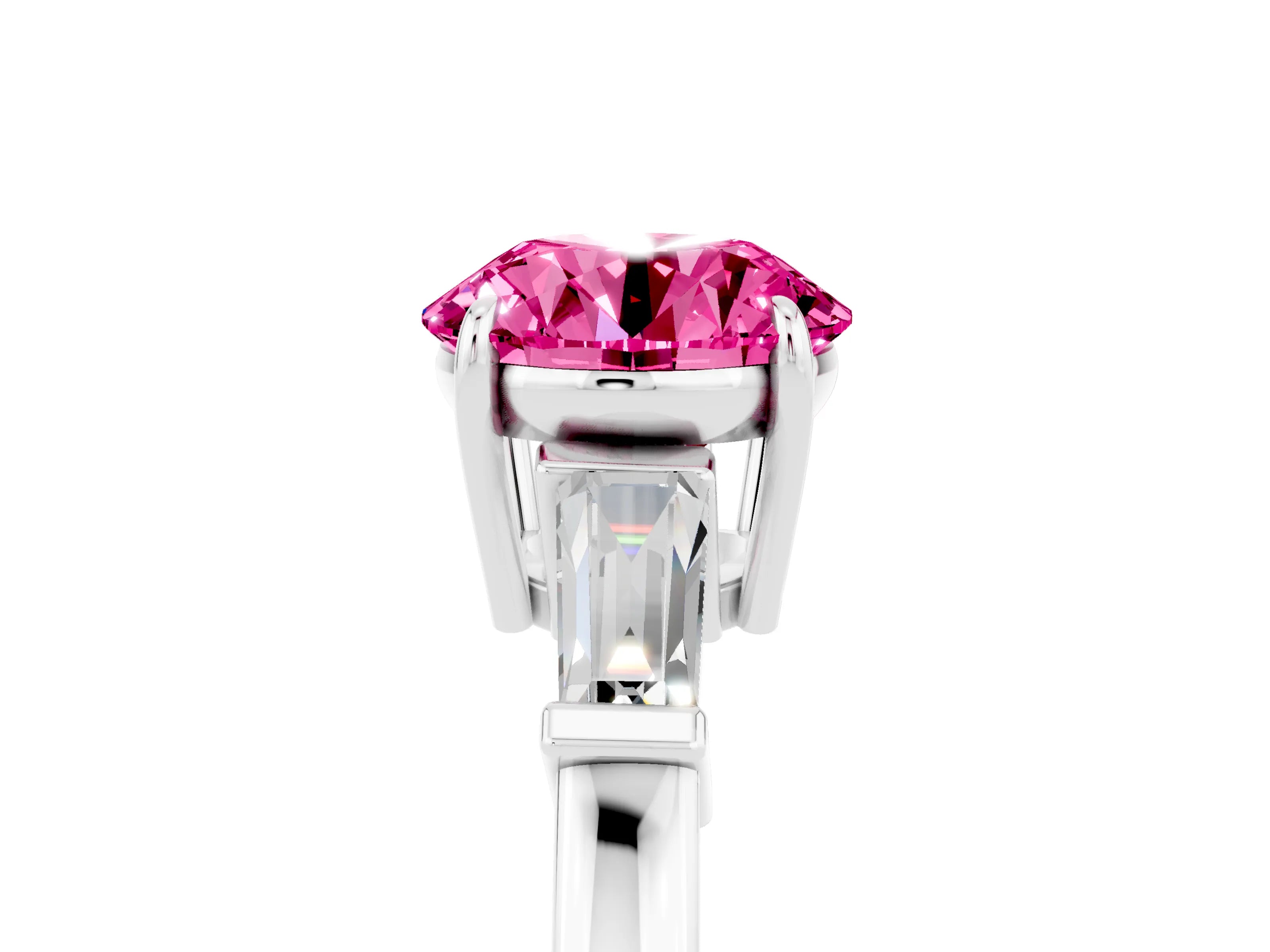 White gold Round Cut Cut Diamond Ring with Tapered Baguette Side Stones in Four-Prong Setting_5