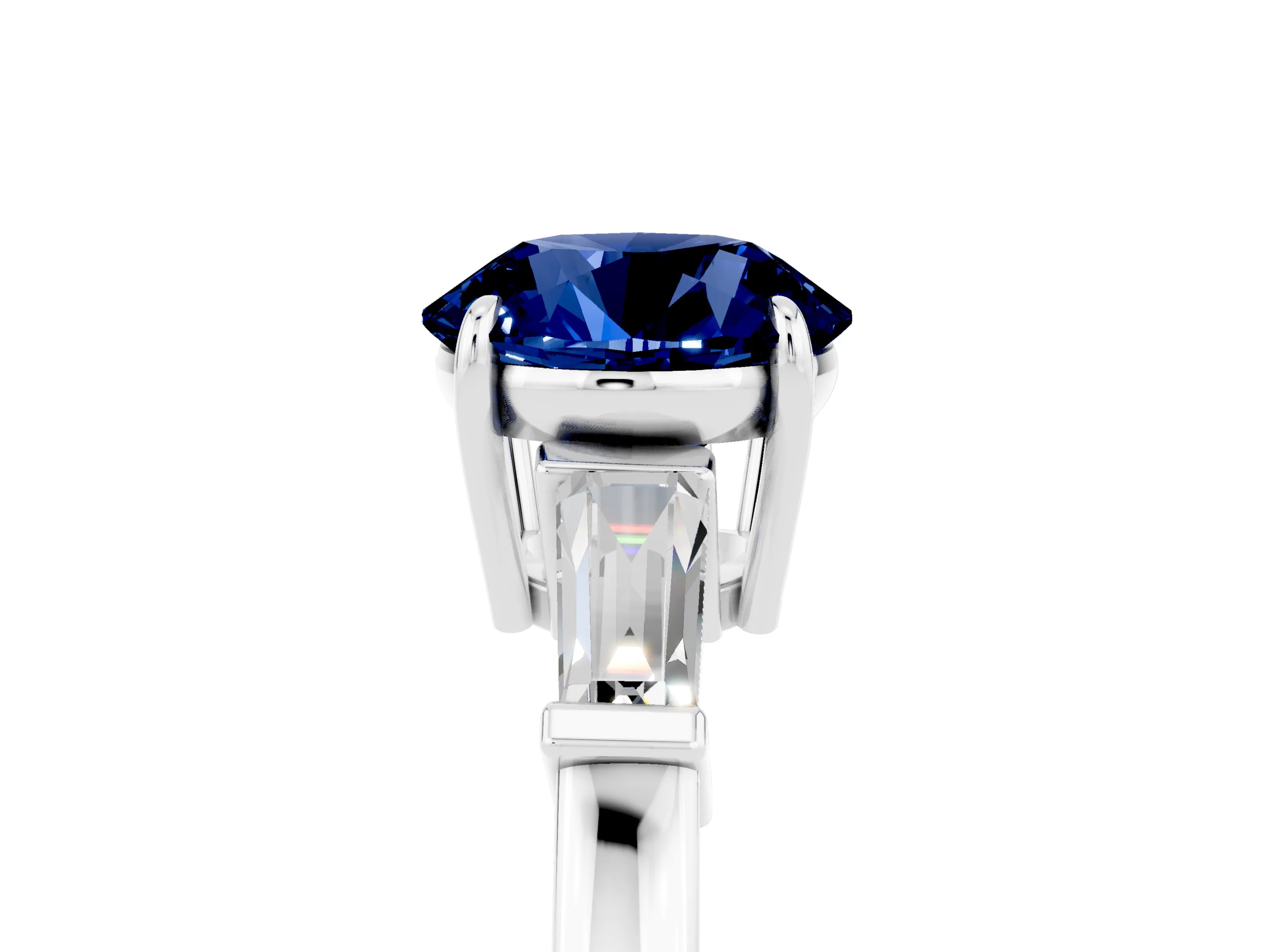 White gold Round Cut Cut Diamond Ring with Tapered Baguette Side Stones in Four-Prong Setting_5