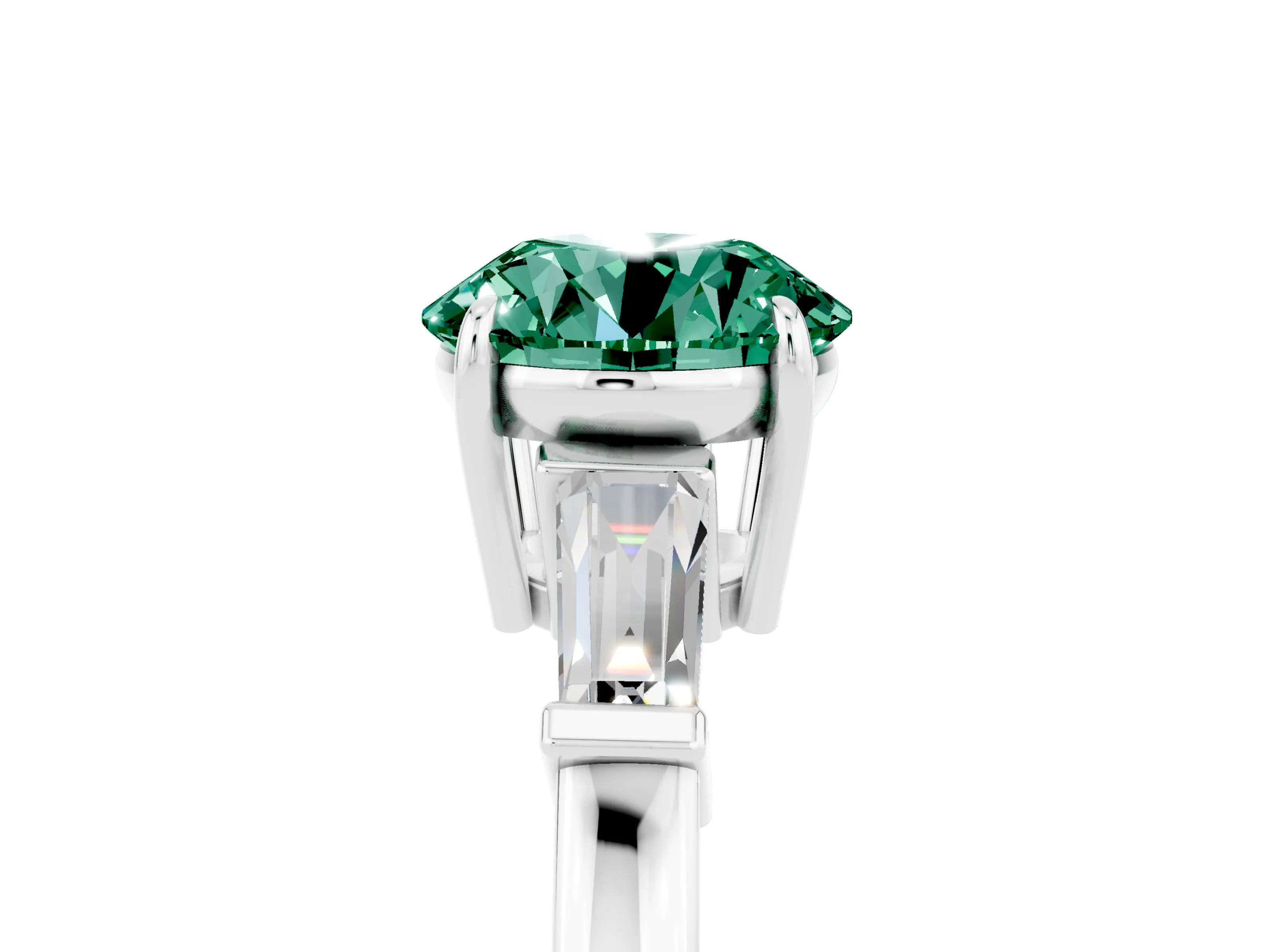 White gold Round Cut Cut Diamond Ring with Tapered Baguette Side Stones in Four-Prong Setting_5