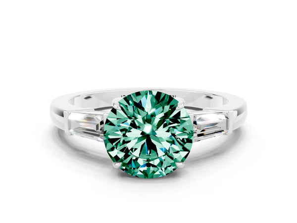 Platinum Round Cut Green Sapphire Three-Stone Ring with Tapered Baguette Side Stones and Prong Setting