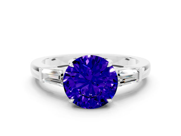 Silver Round Cut Tanzanite Three-Stone Ring with Tapered Baguette Side Stones and Prong Setting