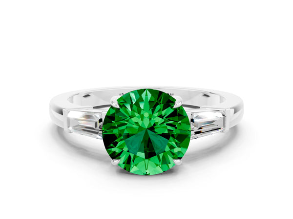 Silver Round Cut Emerald Three-Stone Ring with Tapered Baguette Side Stones and Prong Setting
