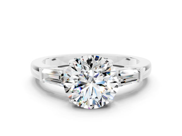 White gold Round Cut Moissanite Three-Stone Ring with Tapered Baguette Side Stones and Prong Setting