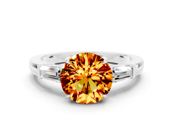 Silver Round Cut Citrine Three-Stone Ring with Tapered Baguette Side Stones and Prong Setting