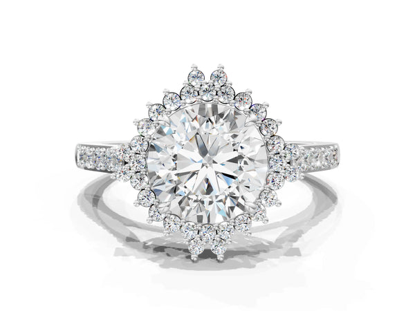 White gold Cushion Cut Diamond Sunburst Halo Engagement Ring with Pavé Band