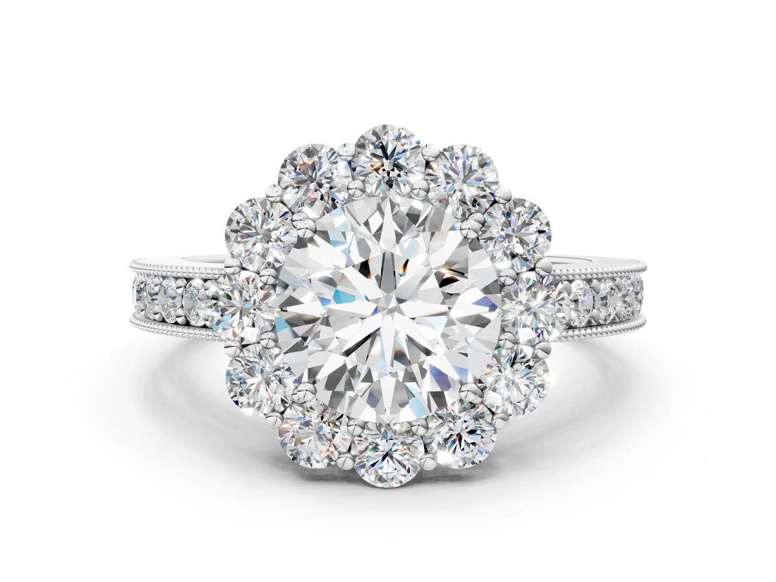 White gold Round Cut Cut Halo Diamond Pavé Engagement Ring with Milgrain Detailing_141
