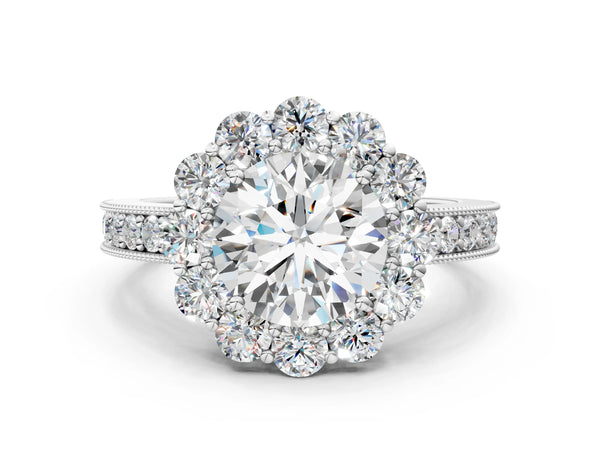 White gold Princess Cut Halo Diamond Pavé Engagement Ring with Milgrain Detailing