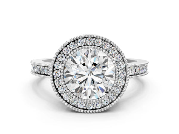White Gold Round Double Milgrain Halo Engagement Ring Setting