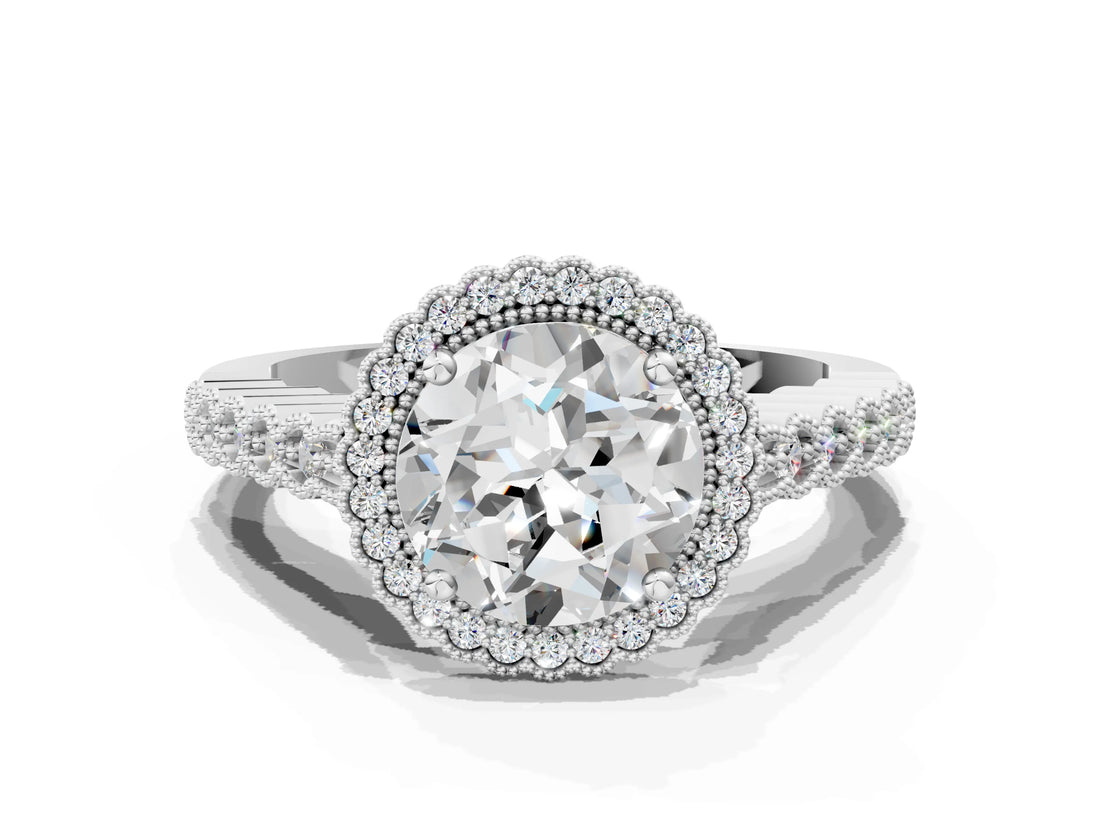 White gold Round Cut Cut Halo Pavé Solitaire Ring with Milgrain Band_7