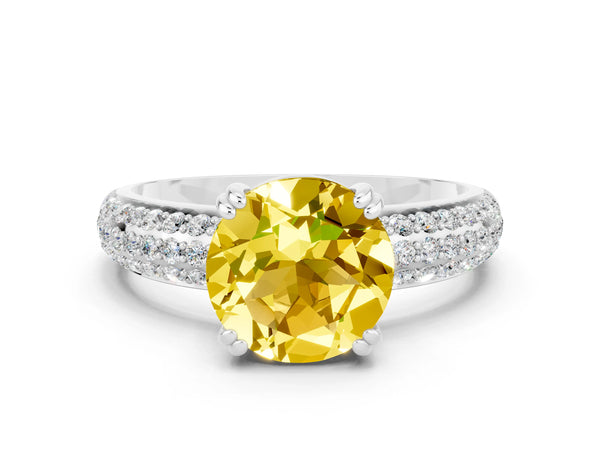 Platinum Round Cut Yellow Sapphire Solitaire Ring with Multi-Row Round Pavé Band and Prong Setting