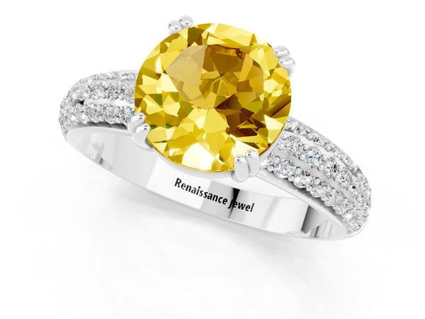 White gold Round Cut Yellow Sapphire Solitaire Ring with Multi-Row Round Pavé Band and Prong Setting