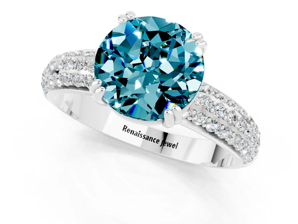 White gold Round Cut Cut Pave Diamond Engagement Ring with Channel Set Band and Four-Prong Setting