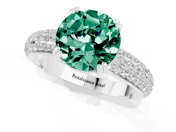 White gold Round Cut Green Sapphire Solitaire Ring with Multi-Row Round Pavé Band and Prong Setting