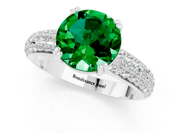 Silver Round Cut Emerald Solitaire Ring with Multi-Row Round Pavé Band and Prong Setting