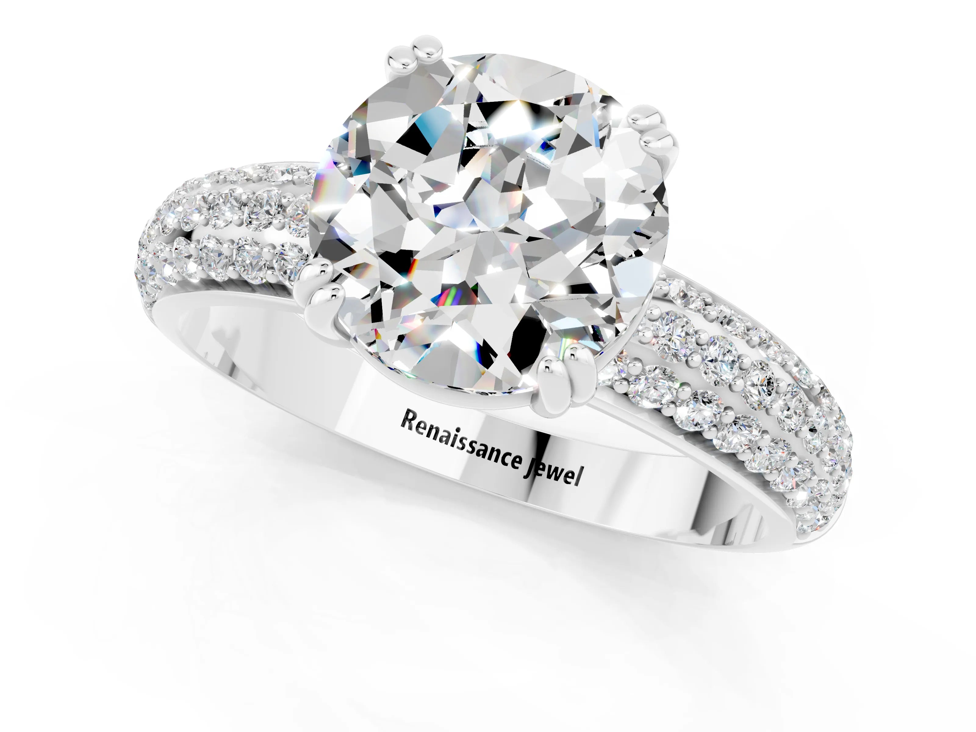 White gold Round Cut Cut Pave Diamond Engagement Ring with Channel Set Band and Four-Prong Setting_1