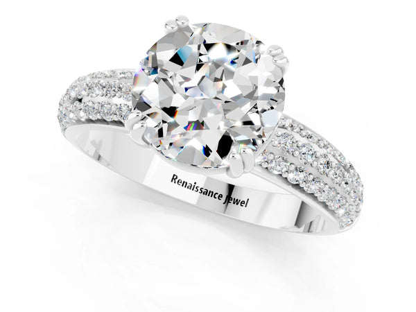 White gold Round Cut Moissanite Solitaire Ring with Multi-Row Round Pavé Band and Prong Setting