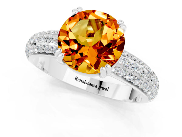 White gold Round Cut Citrine Solitaire Ring with Multi-Row Round Pavé Band and Prong Setting