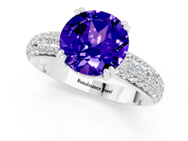 White gold Round Cut Tanzanite Solitaire Ring with Multi-Row Round Pavé Band and Prong Setting