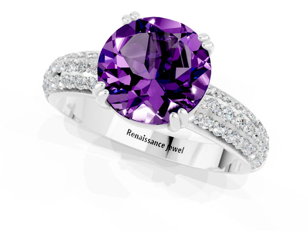 Silver Round Cut Amethyst Solitaire Ring with Multi-Row Round Pavé Band and Prong Setting