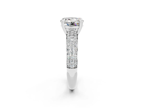 Platinum Round Cut Moissanite Solitaire Ring with Multi-Row Round Pavé Band and Prong Setting
