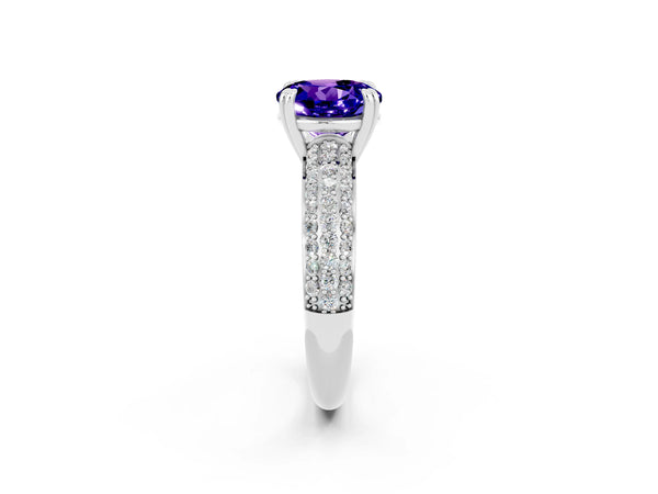 Silver Round Cut Tanzanite Solitaire Ring with Multi-Row Round Pavé Band and Prong Setting