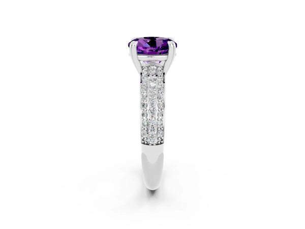 Platinum Round Cut Amethyst Solitaire Ring with Multi-Row Round Pavé Band and Prong Setting