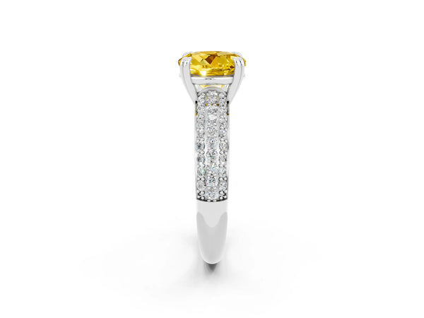 Silver Round Cut Yellow Sapphire Solitaire Ring with Multi-Row Round Pavé Band and Prong Setting