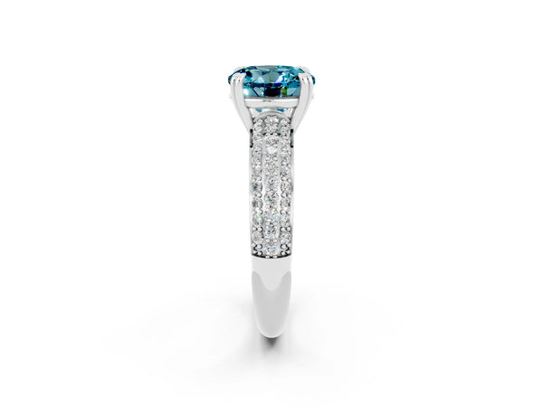 Silver Round Cut Cut Pave Diamond Engagement Ring with Channel Set Band and Four-Prong Setting
